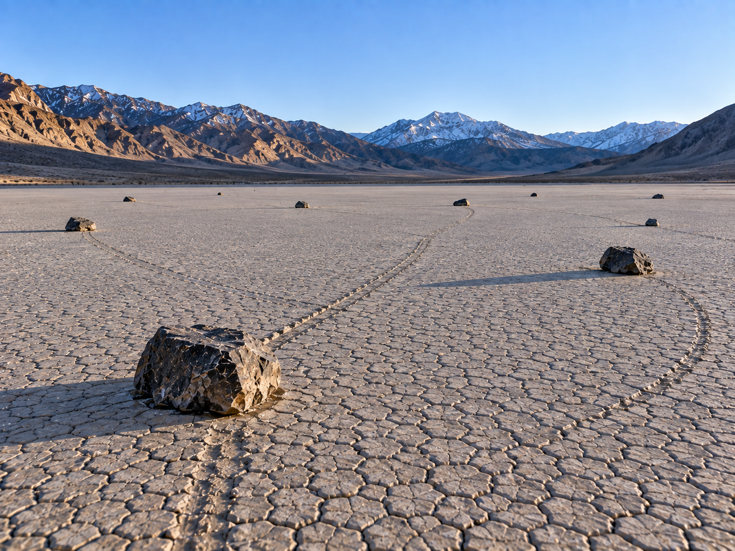 Sailing stones sit motionless on the dry Racetrack Playa between rare movement events.