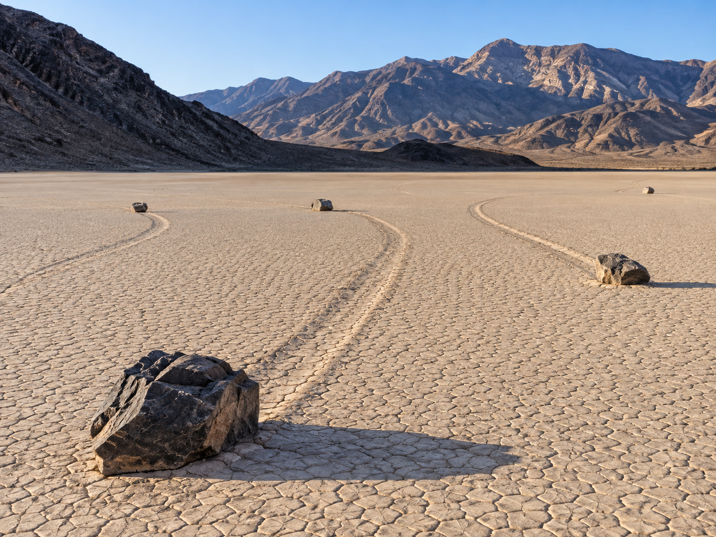 Rocks and long winding trails stretch across the dry floor of Racetrack Playa in Death Valley.