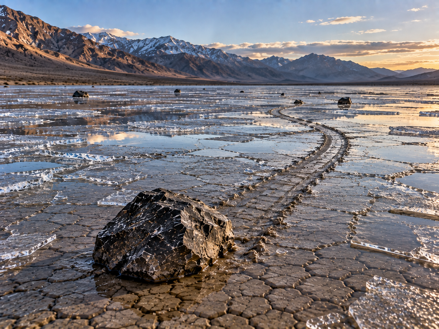 A sailing stone rests at the end of a fresh trail across Racetrack Playa after a rare ice-driven movement event.