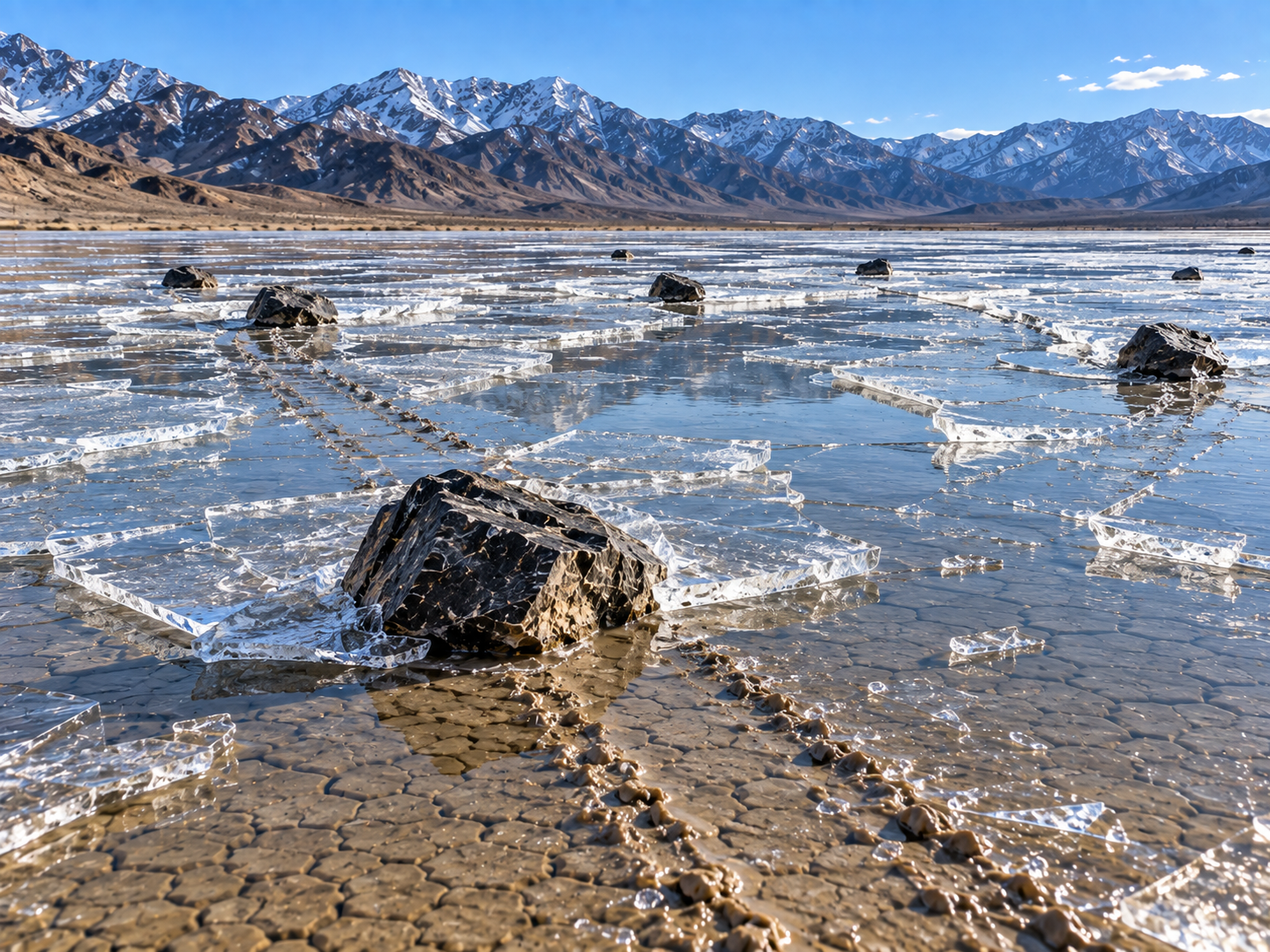 Sunlight breaks thin ice into floating panels that slowly push several rocks across Racetrack Playa.