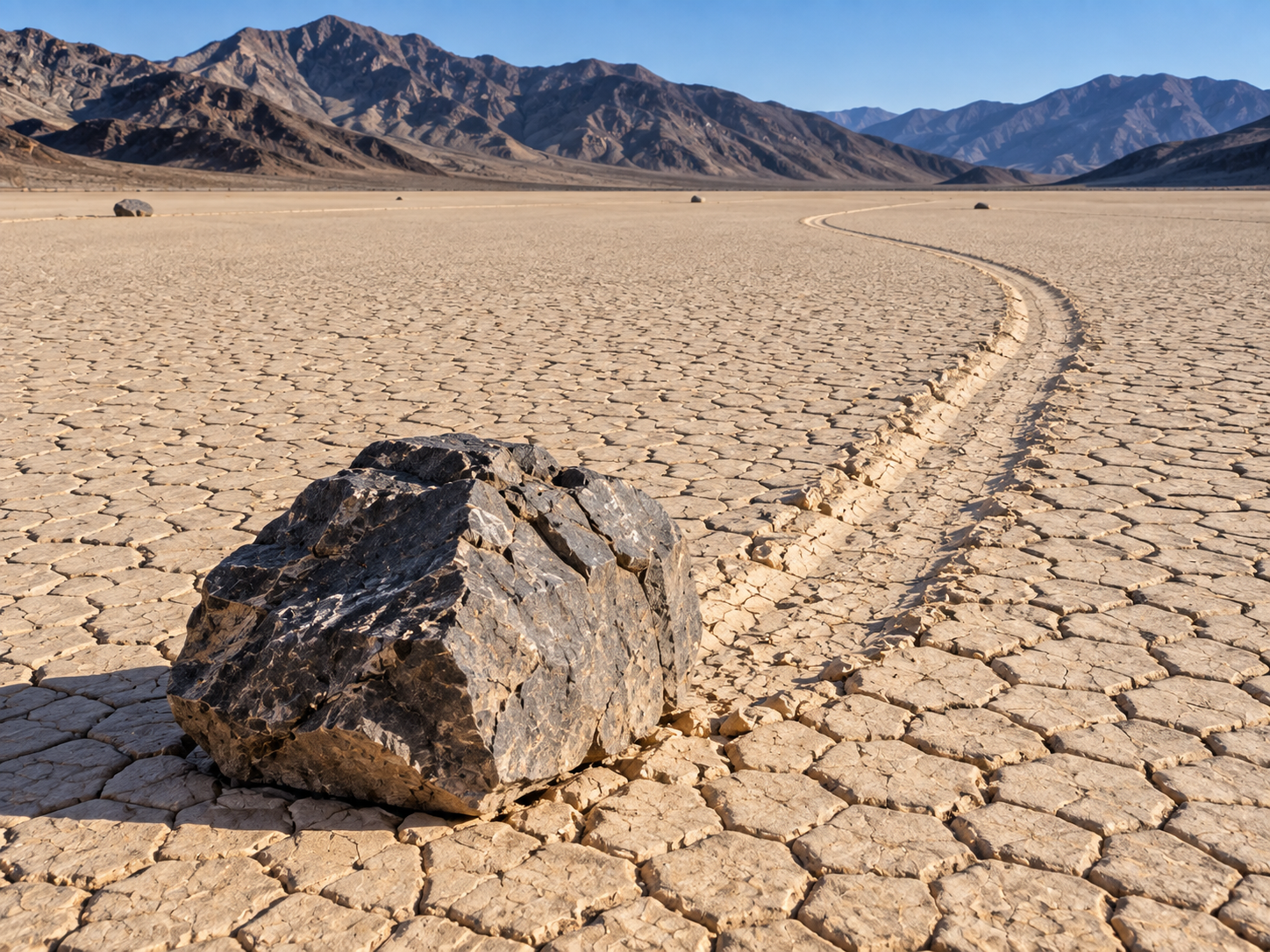 A large sailing stone rests at the end of a long trail on the cracked floor of Racetrack Playa.