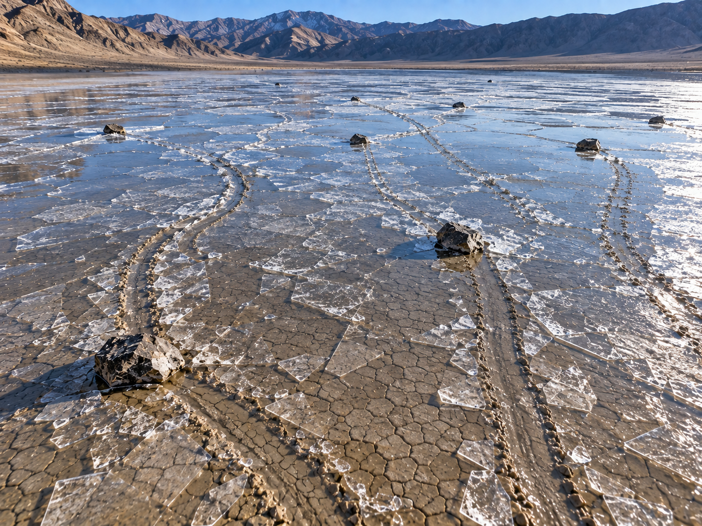 Different sailing-stone trails curve and change direction according to the movement of ice, water and wind.