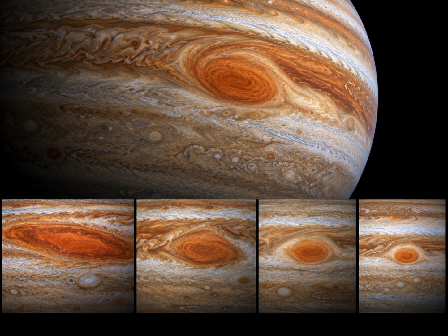 Historical comparison showing the Great Red Spot becoming smaller and rounder over many decades.