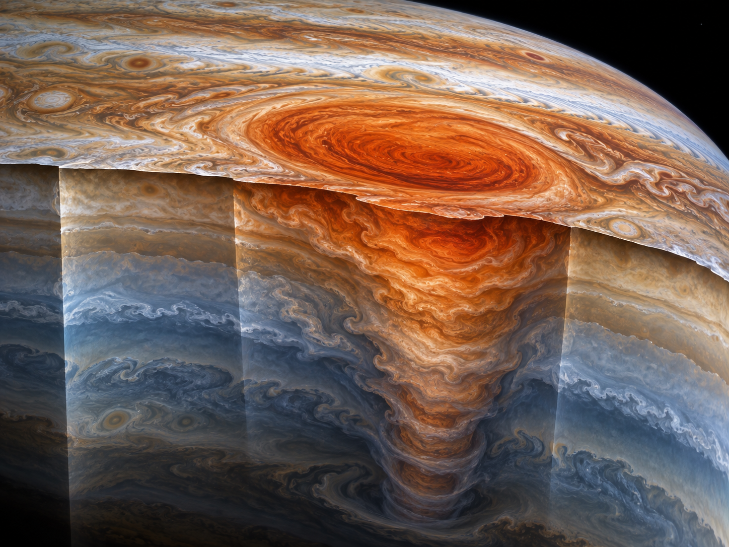 Cutaway showing the Great Red Spot as a deep atmospheric vortex beneath Jupiter’s visible cloud tops.