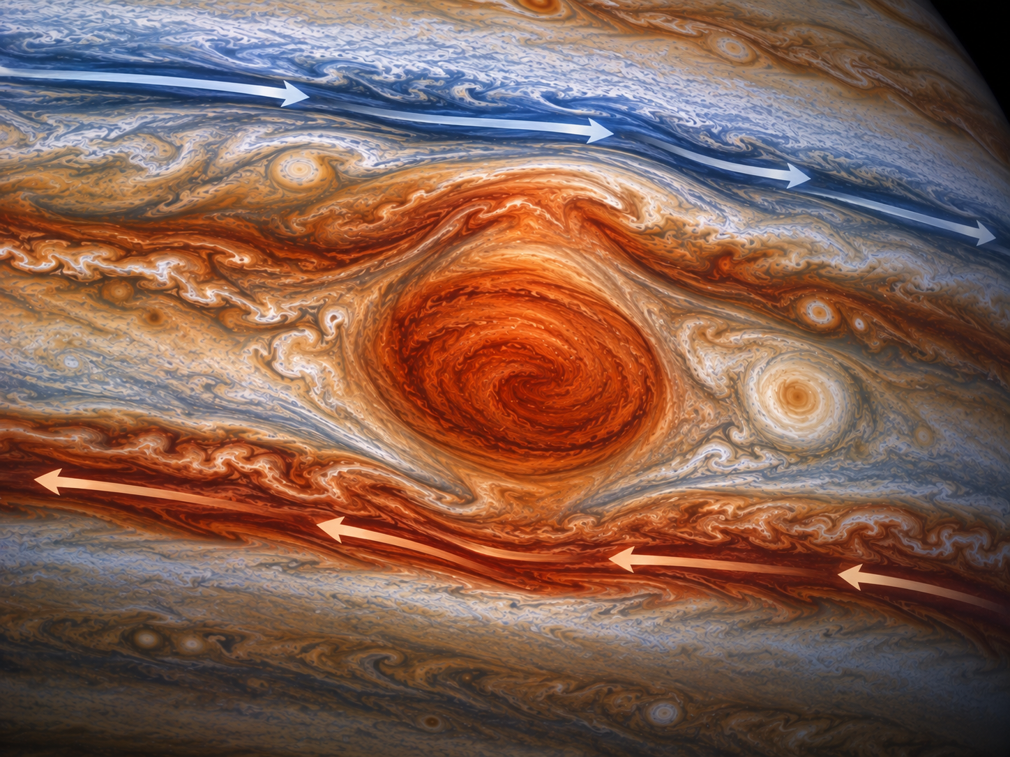 Jupiter’s Great Red Spot changes shape as it interacts with the powerful jet streams surrounding it.