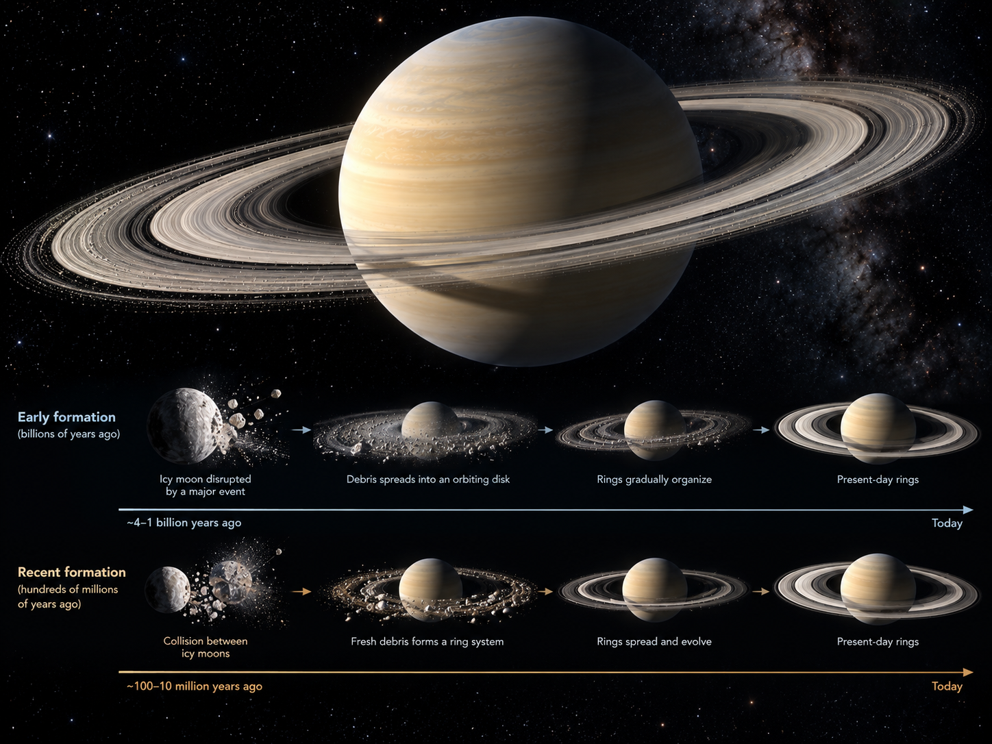 Scientific comparison showing competing estimates for the possible age of Saturn’s rings.