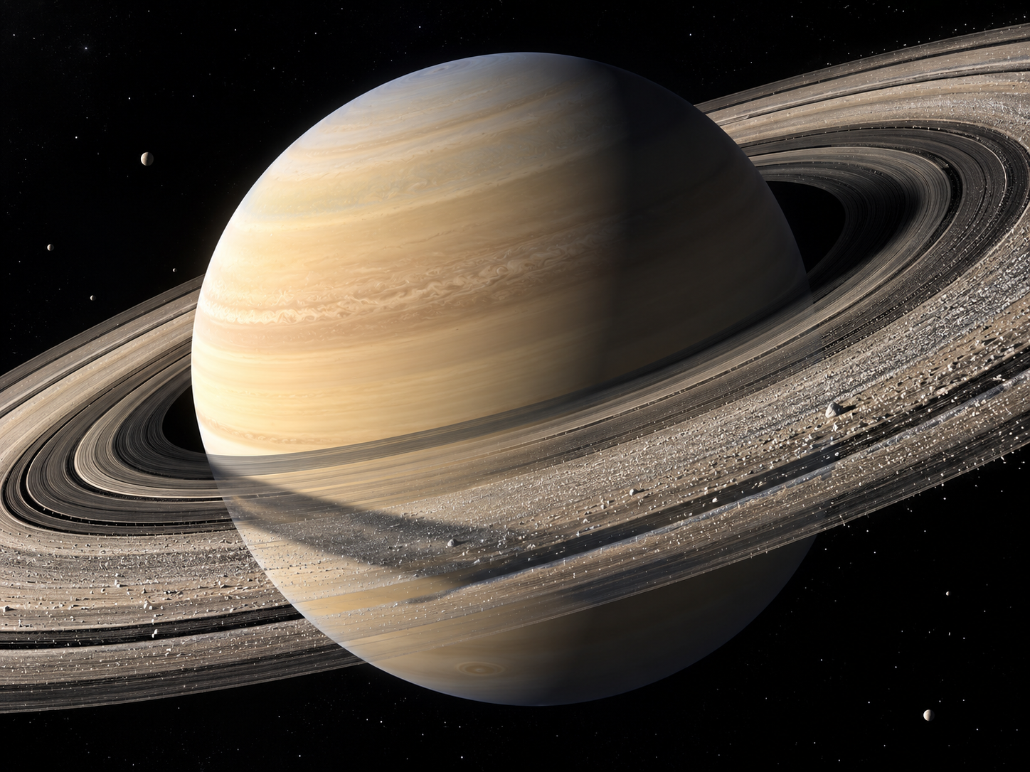 Saturn surrounded by its bright icy rings, illuminated by sunlight against the dark background of space.