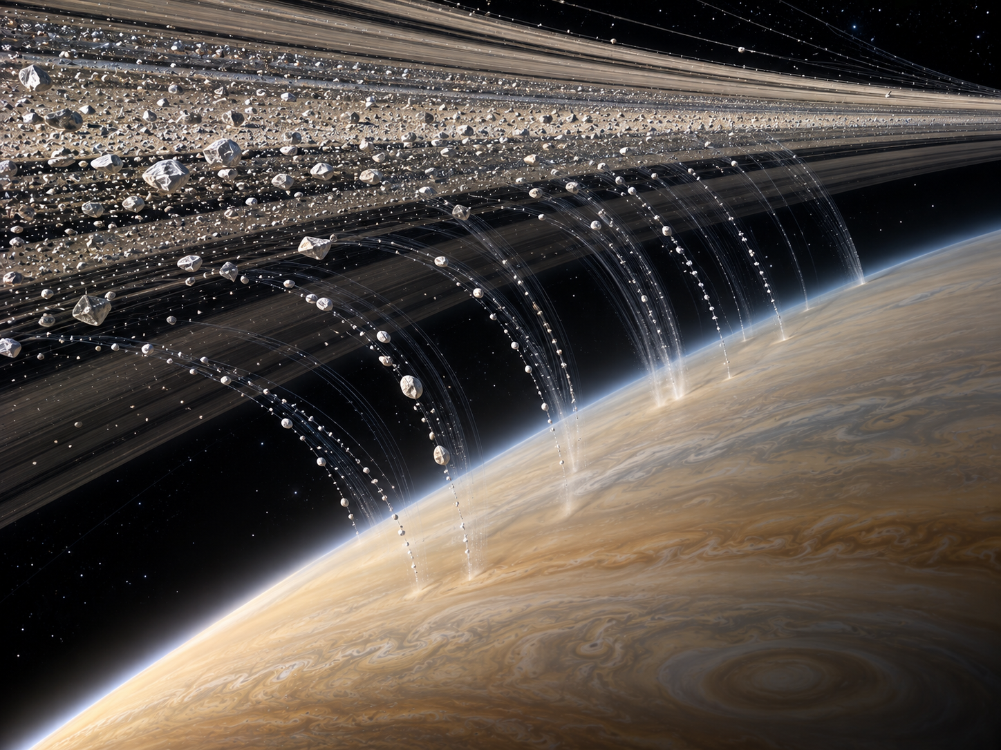 Charged water-rich particles from Saturn’s inner rings follow magnetic-field paths toward the planet.
