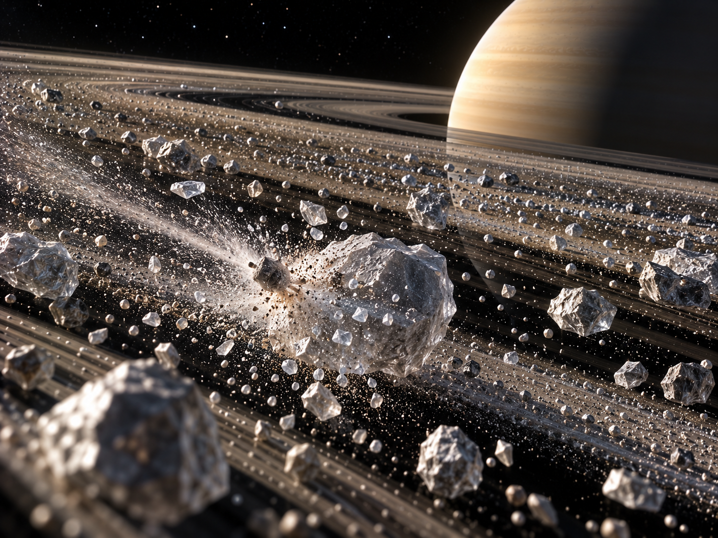 A micrometeoroid strikes an icy Saturn ring particle and produces debris that can change how ring material moves.