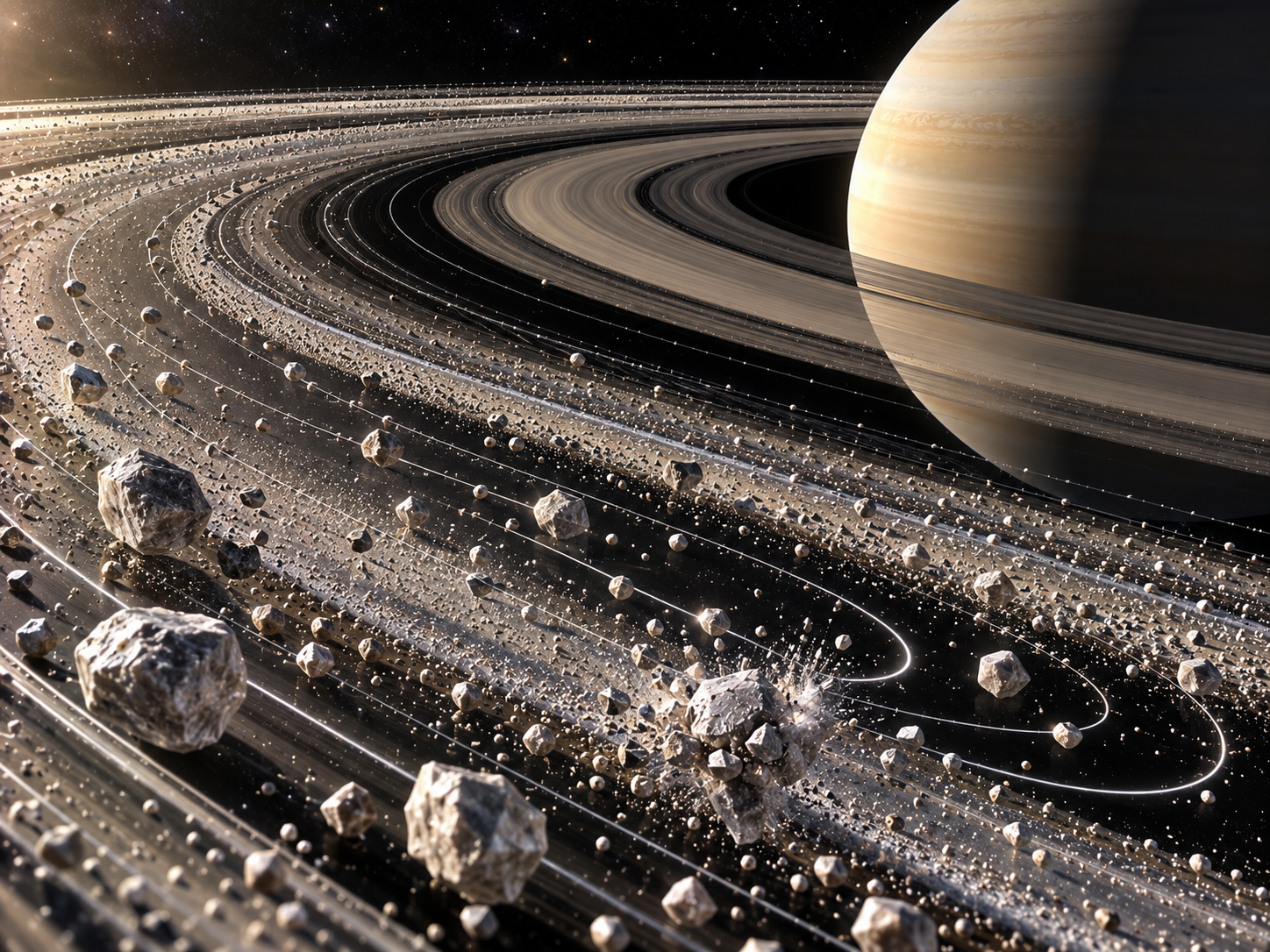 Saturn’s ring particles remain in orbit because their motion balances the planet’s inward gravitational pull.