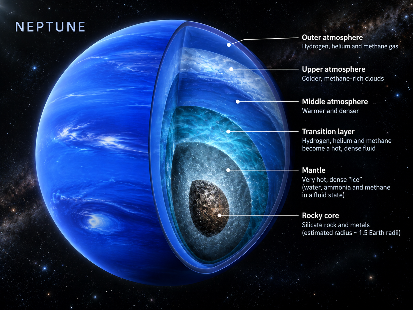 Cutaway of Neptune showing its atmosphere and increasingly hot, dense interior surrounding a rocky core.