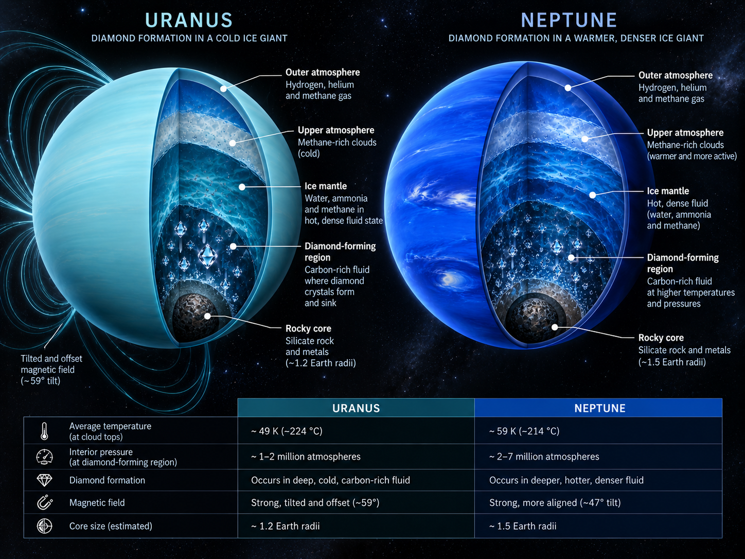 Scientific comparison of Uranus and Neptune showing possible deep regions where diamond formation may occur.