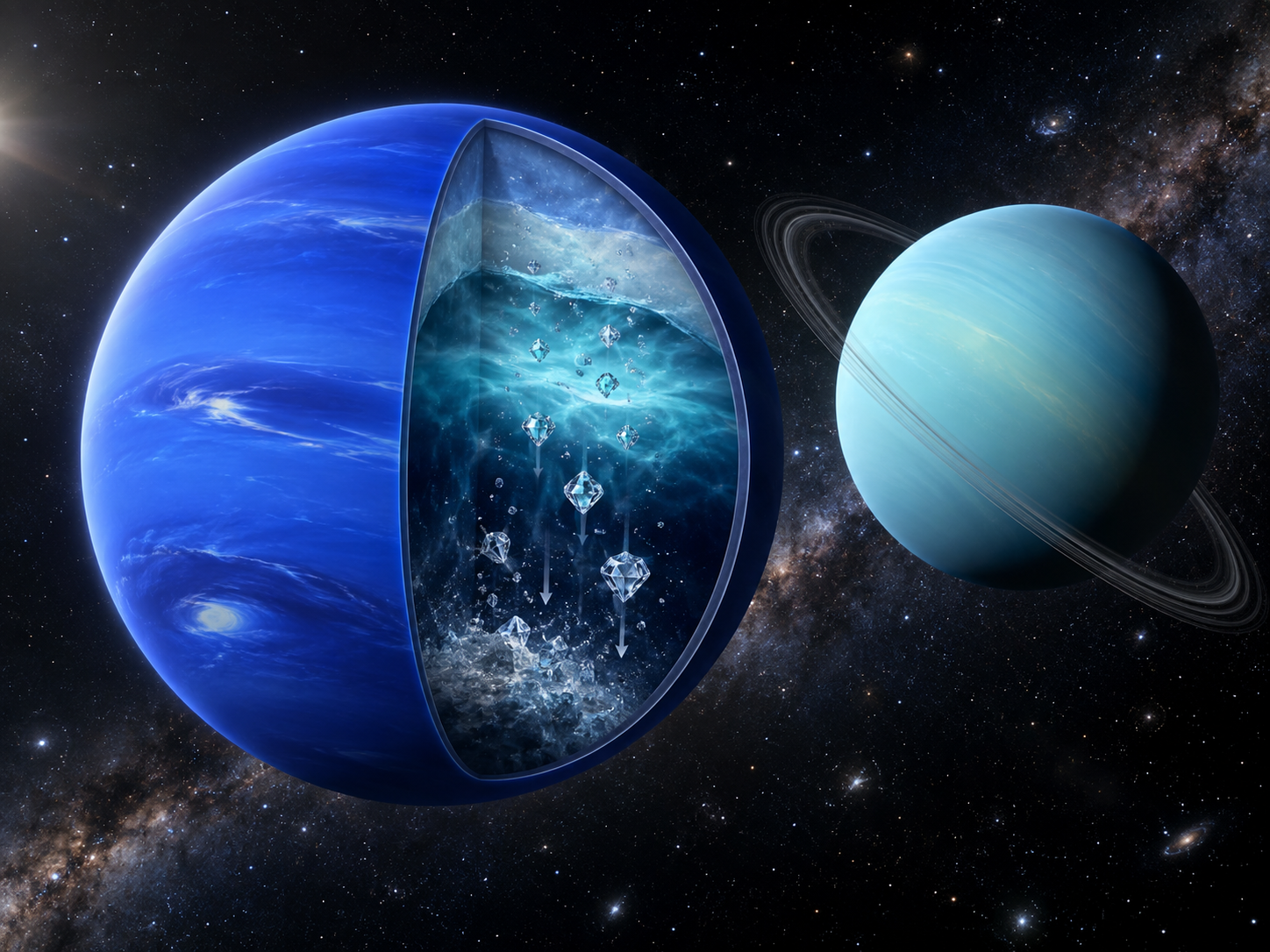 Neptune and Uranus shown with cutaway interiors where diamond crystals may form and sink deep inside the planets.