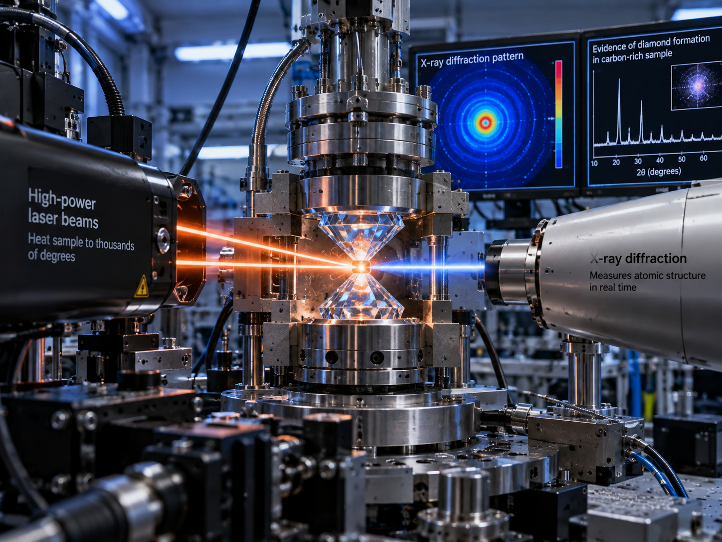 A laboratory experiment recreates extreme pressure and heat to study diamond formation inside ice giant planets.