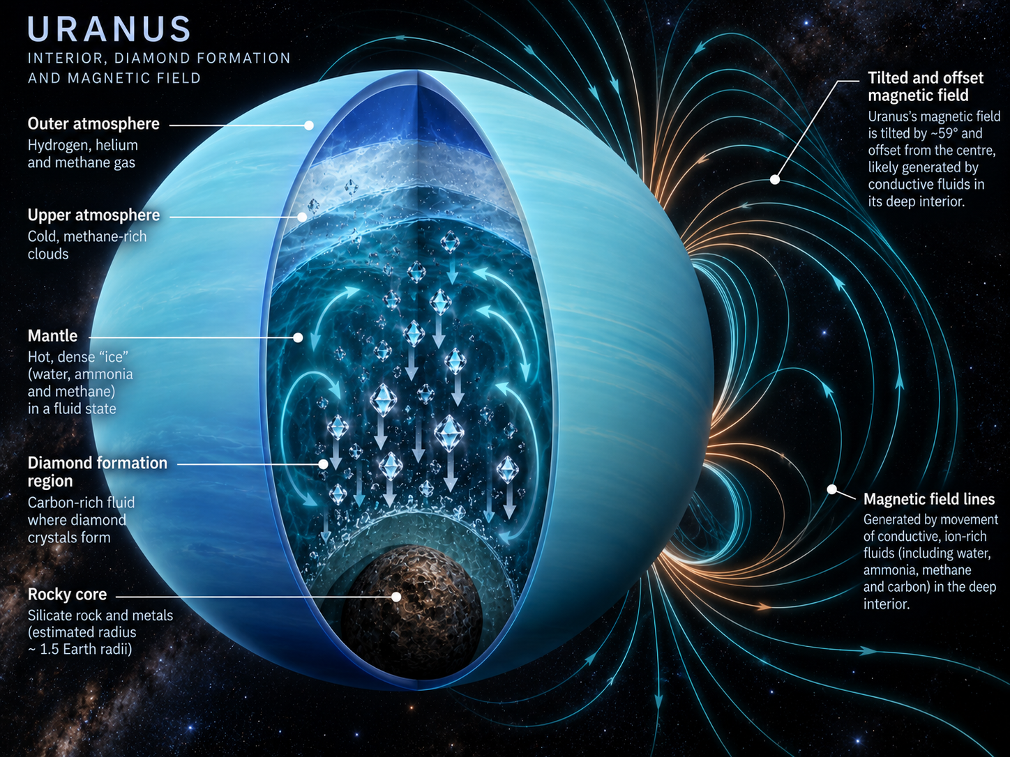 Sinking diamond crystals may help move heat and stir conductive material inside Uranus.
