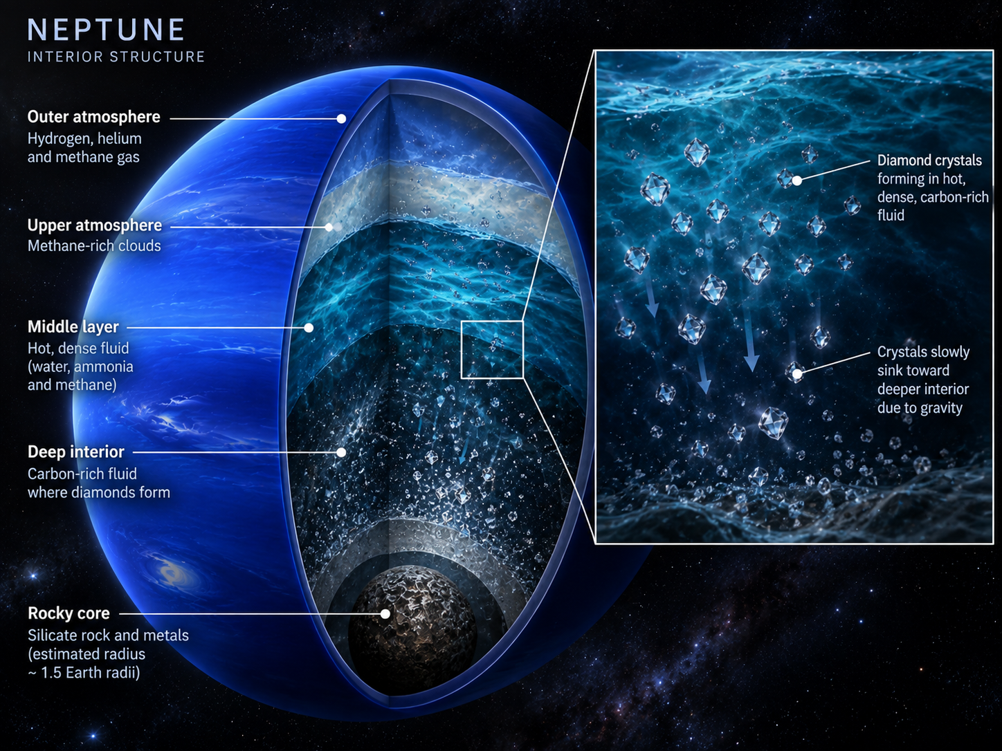 Tiny diamond crystals form deep inside Neptune and slowly sink through its dense interior under gravity.