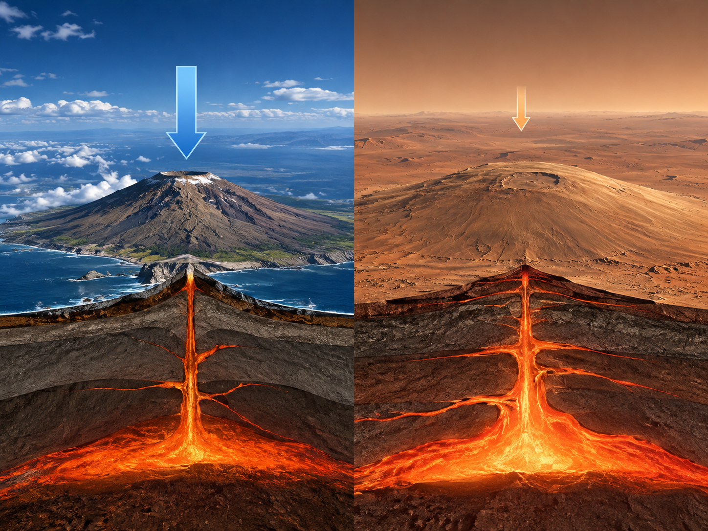 Comparison showing how Mars’s weaker gravity allows a very large volcanic structure to support more height than a similar volcano on Earth.