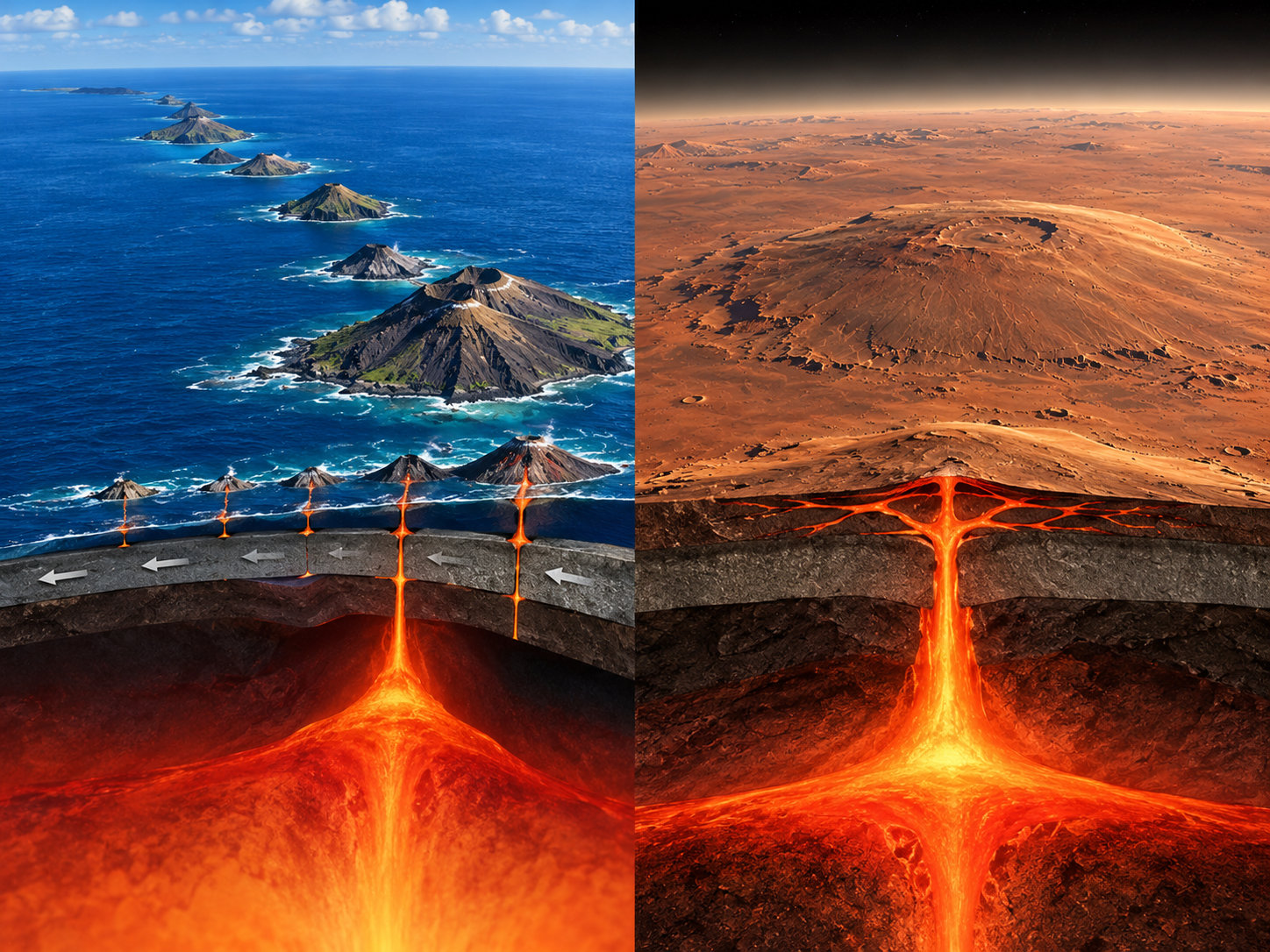 Earth’s moving plate creates a volcanic chain over a hotspot while Mars’s more stationary crust allowed one huge volcano to keep growing.