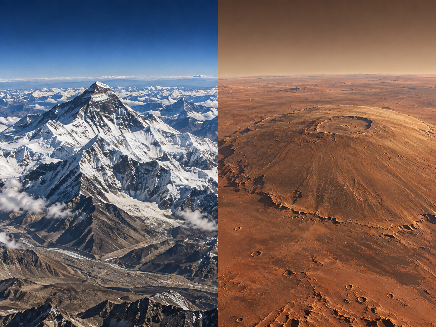 Mount Everest and Olympus Mons shown side by side to compare Everest’s steep mountain shape with Olympus Mons’s broad shield-volcano form.