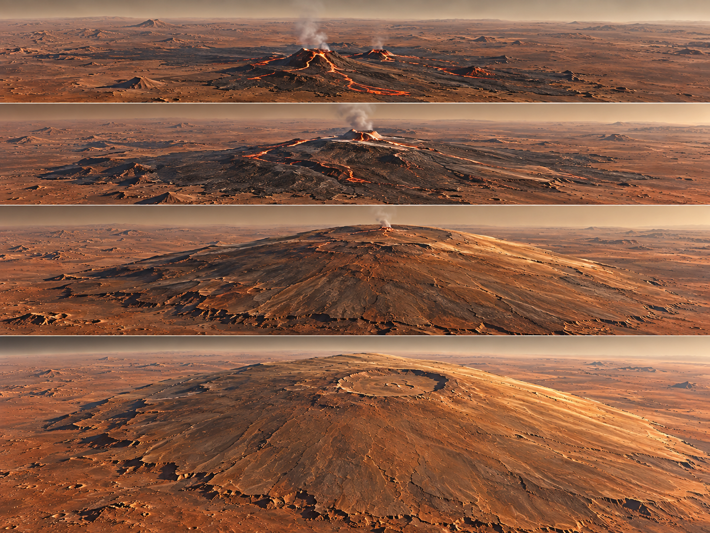 Repeated lava flows accumulated over a long geological period to build the enormous Olympus Mons volcano.