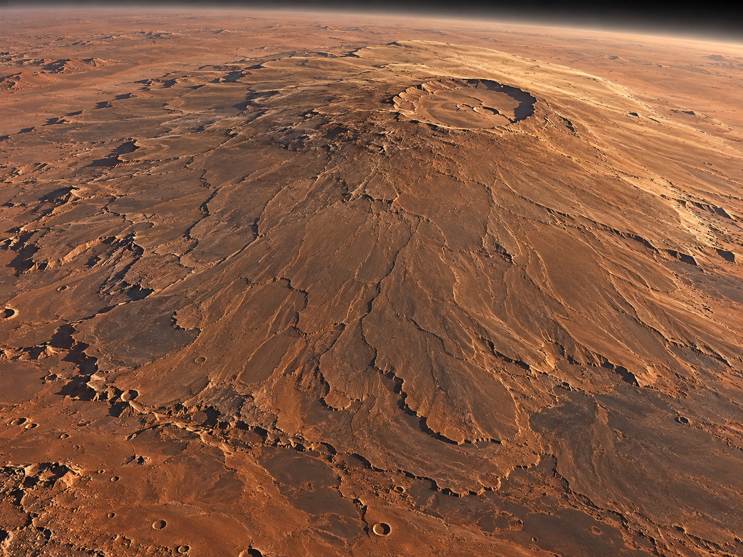 Overlapping basaltic lava flows spread across the broad, gently sloping flanks of Olympus Mons.
