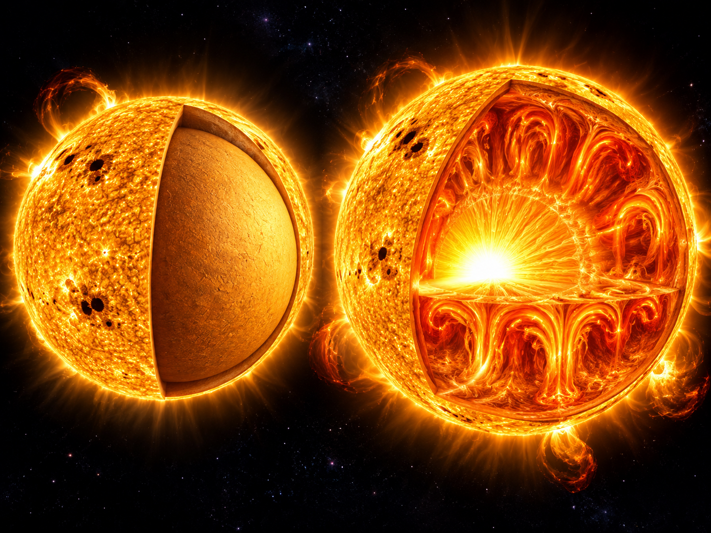 A solar cutaway shows that the Sun’s visible surface sits above a moving convection zone rather than a solid shell.