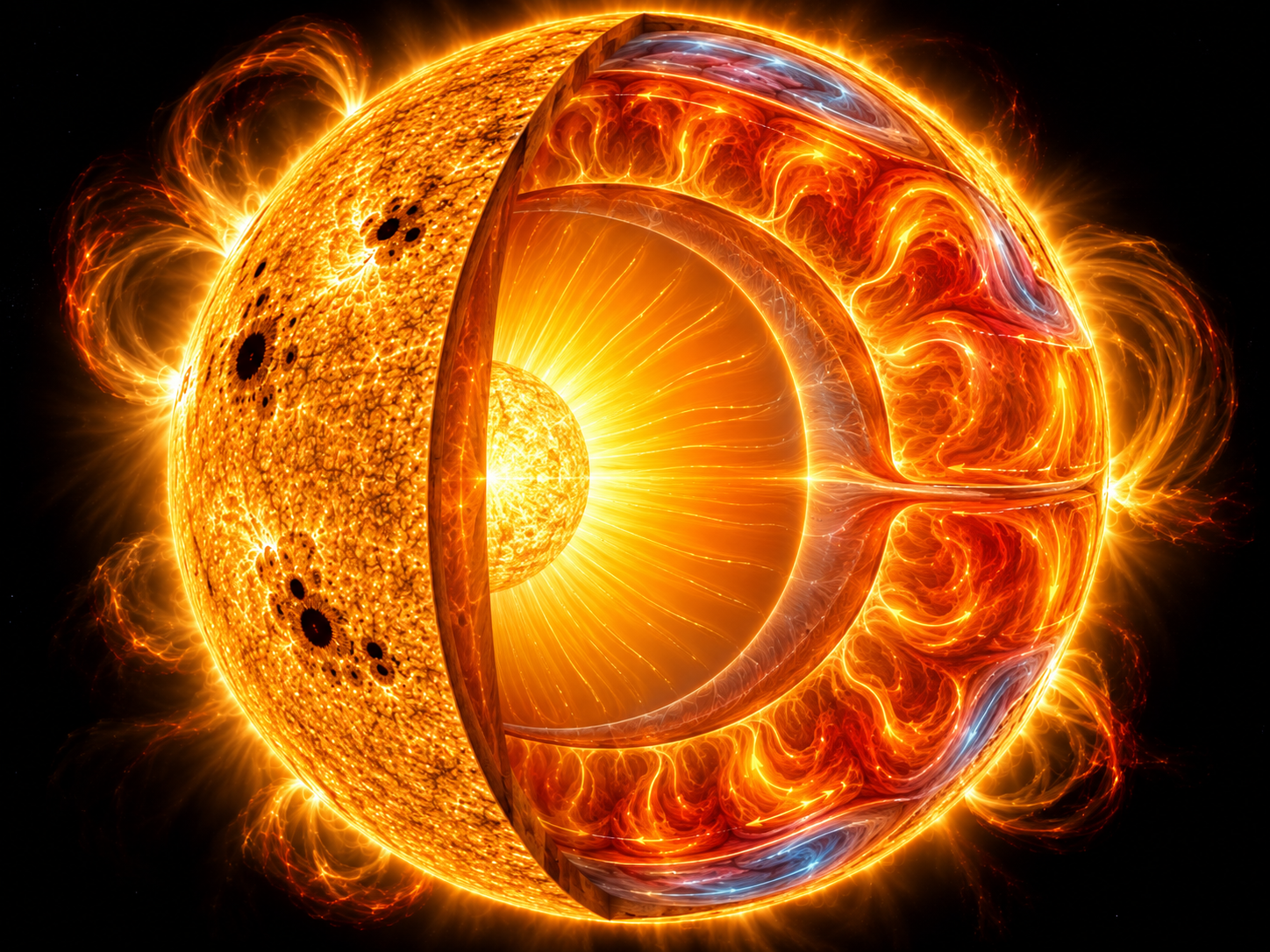 Solar interior cutaway showing differential rotation in the convection zone and shear layers above the more uniformly rotating interior.