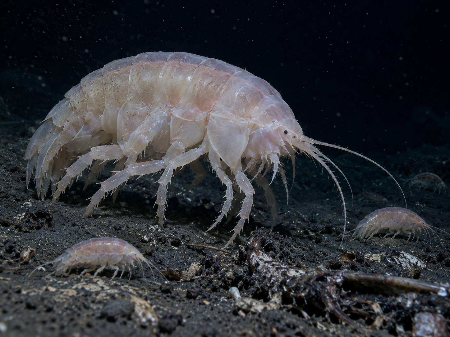 A giant deep-sea amphipod moves across the dark seafloor beside smaller amphipods for scale.