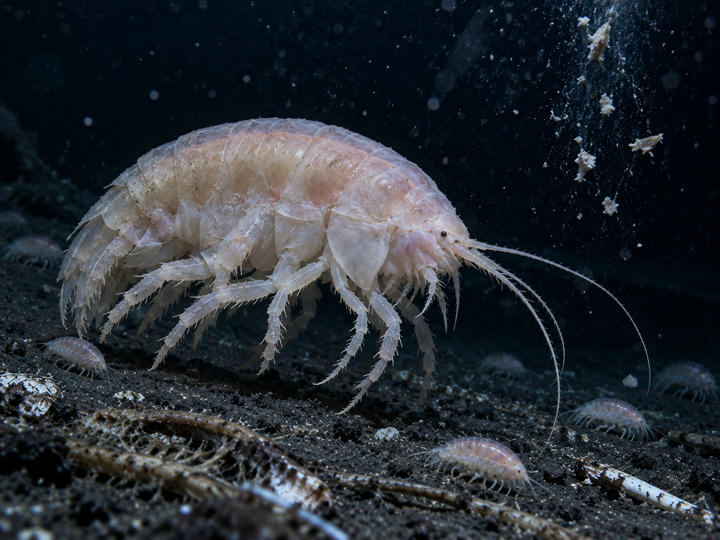 A large amphipod moves slowly through cold deep-sea water where food is sparse.