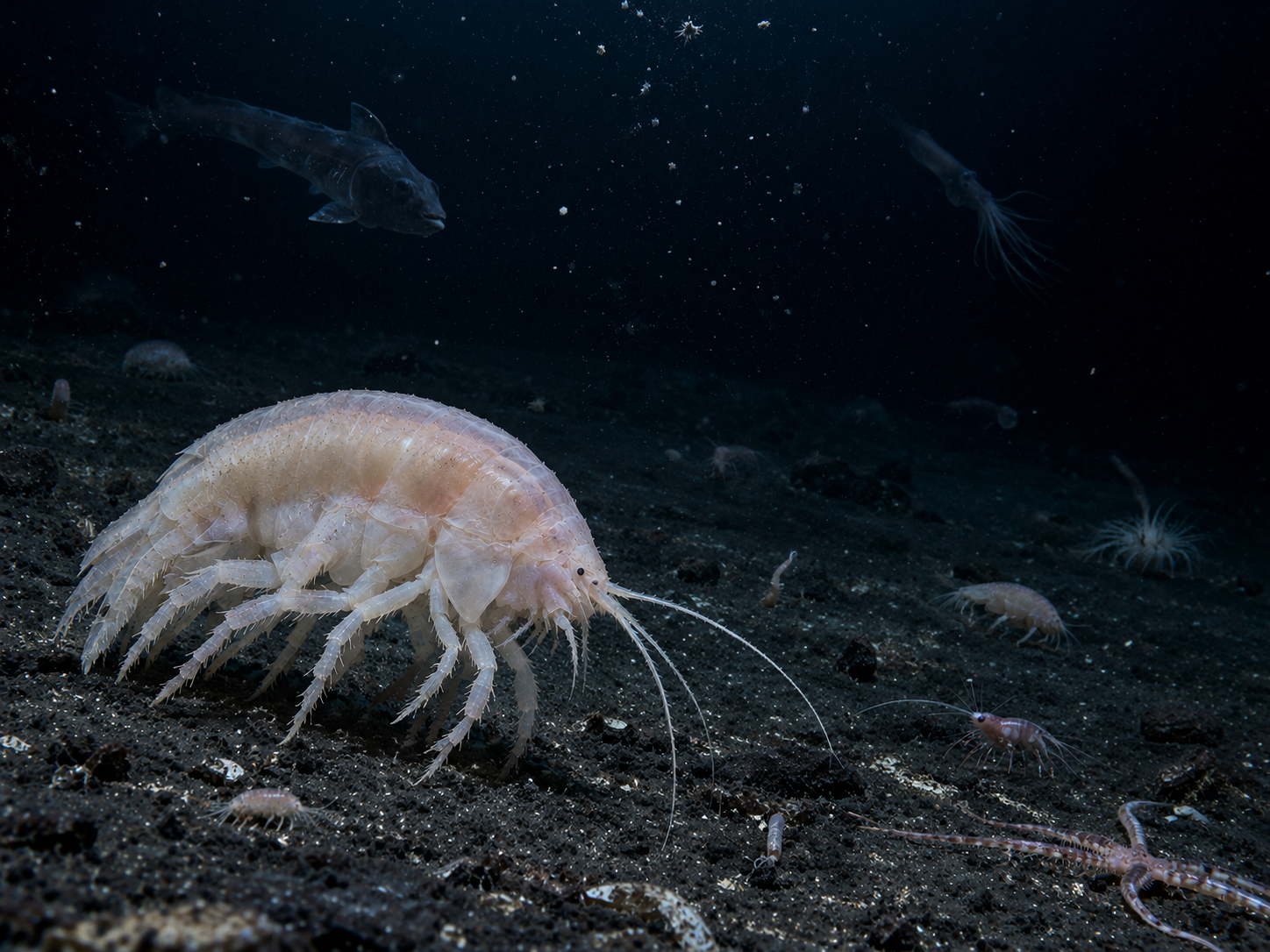 A giant amphipod shares the abyssal seafloor with many smaller deep-sea animals.