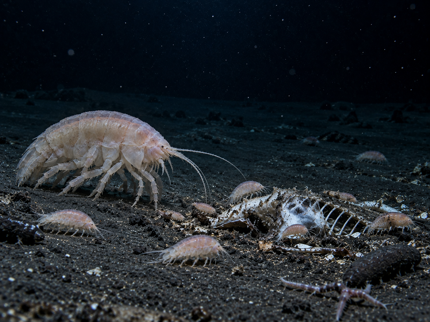 A large deep-sea amphipod approaches a rare food patch on an otherwise barren seafloor.