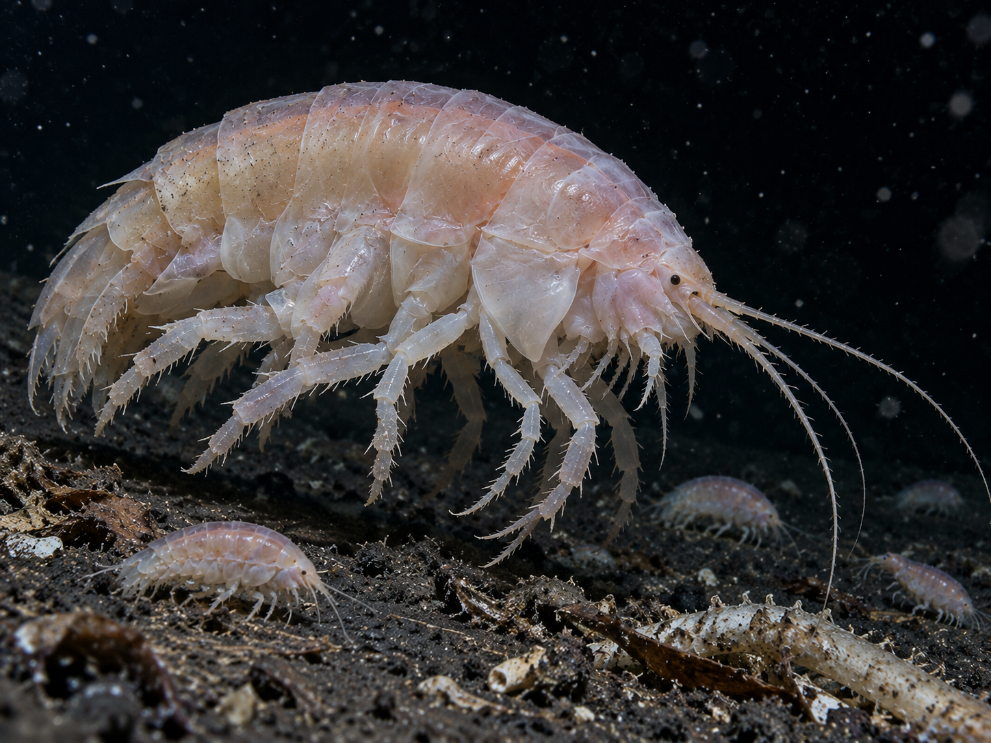 A large Alicella gigantea amphipod is shown above the deep-sea floor with smaller amphipods nearby.