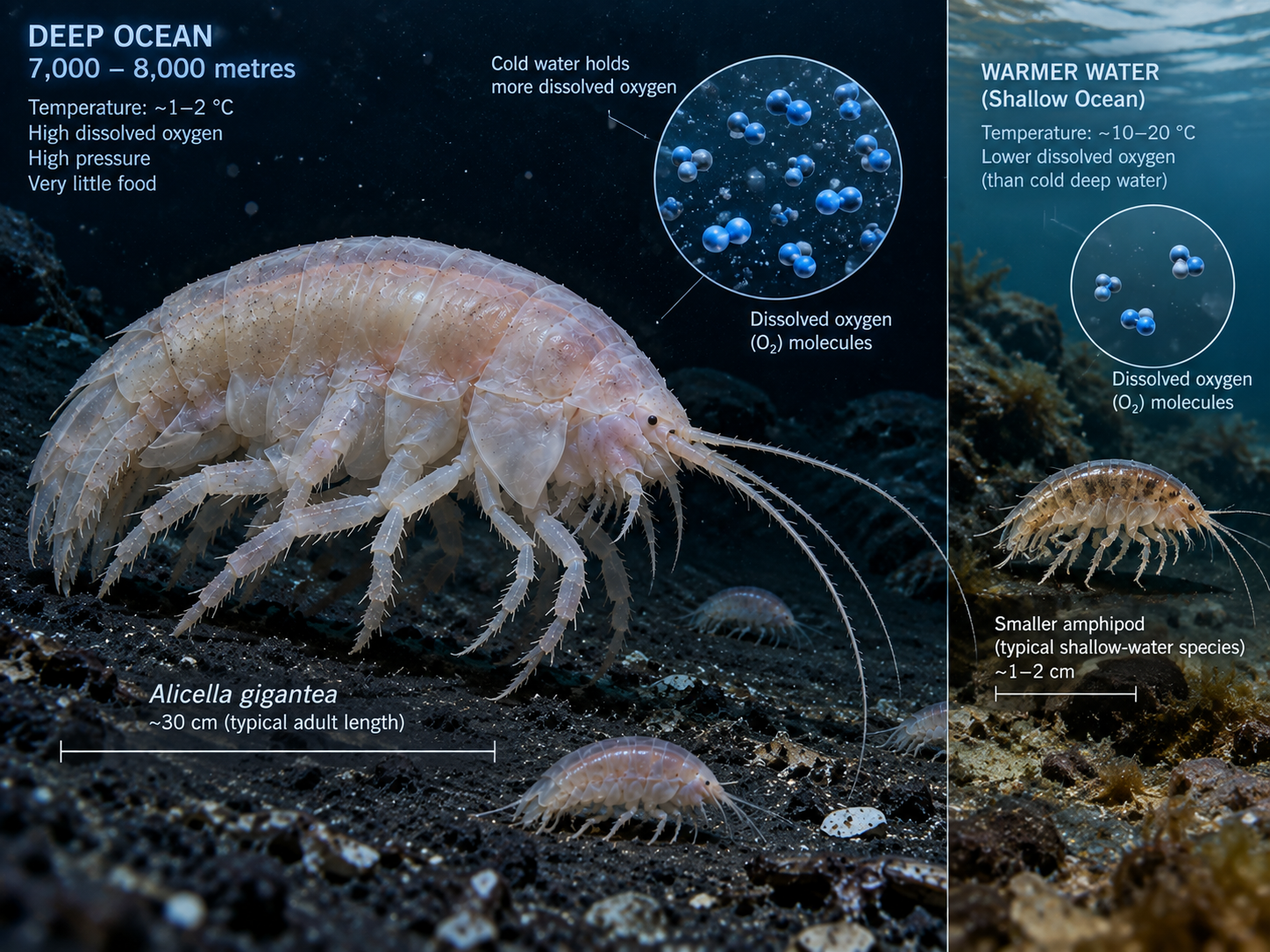 Cold deep-sea water can contain substantial dissolved oxygen while large animals have relatively low metabolic demand.