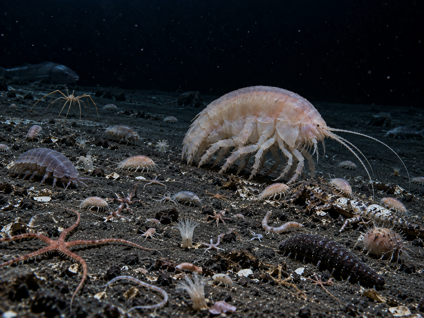 Deep-sea animals of many different sizes live together on the abyssal seafloor.