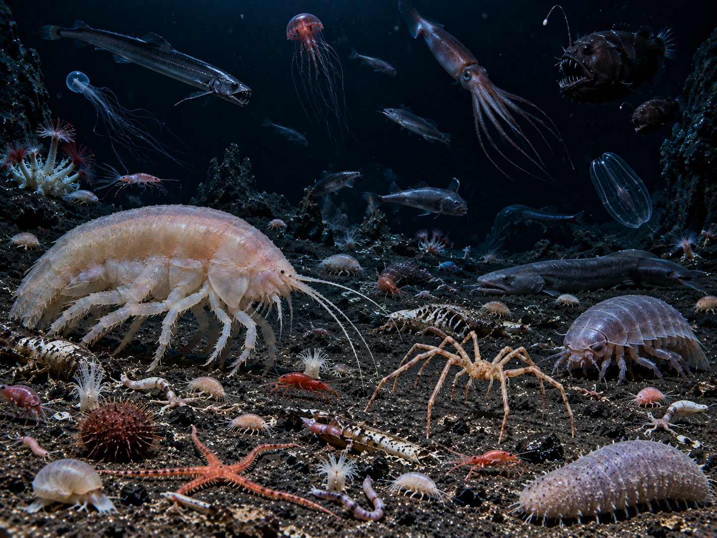 A realistic deep-sea ecosystem showing diverse abyssal creatures, including a giant amphipod, giant isopod, sea spider, fish, squid, jellyfish, brittle stars, sea cucumbers, shrimp, worms, and other invertebrates on a dark ocean seafloor.