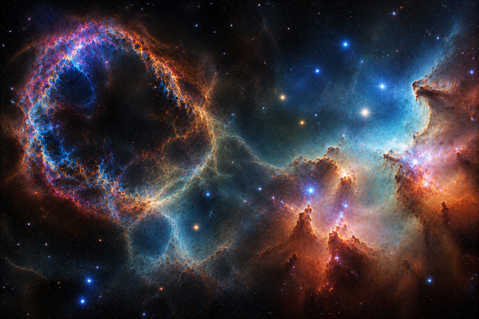 This image shows the Tarantula Nebula, a massive star-forming region in the Large Magellanic Cloud, glowing in vivid blues, reds, and oranges against a backdrop of distant stars