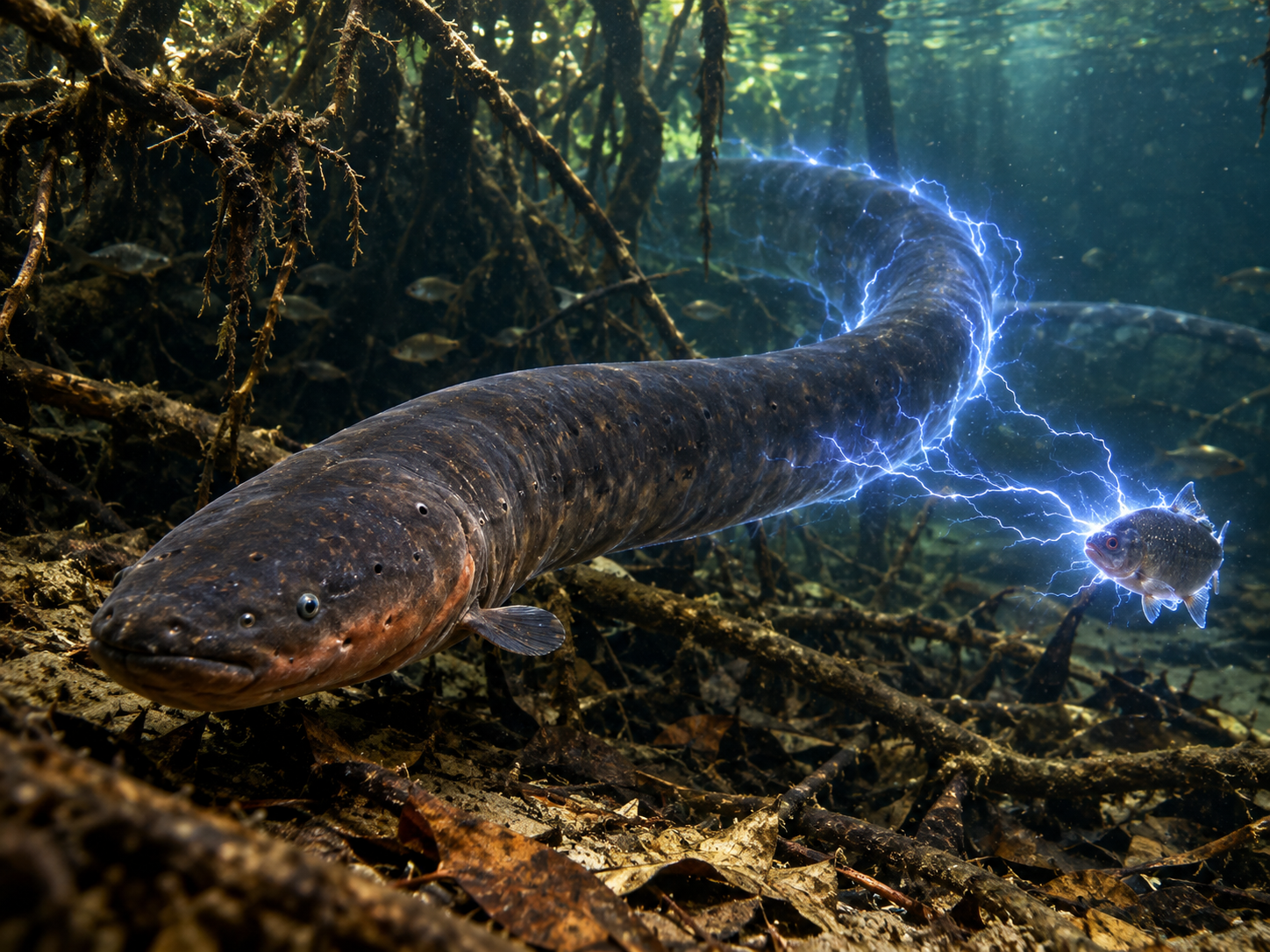 An electric eel produces a powerful electrical field from its specialized organs while swimming in Amazonian freshwater.
