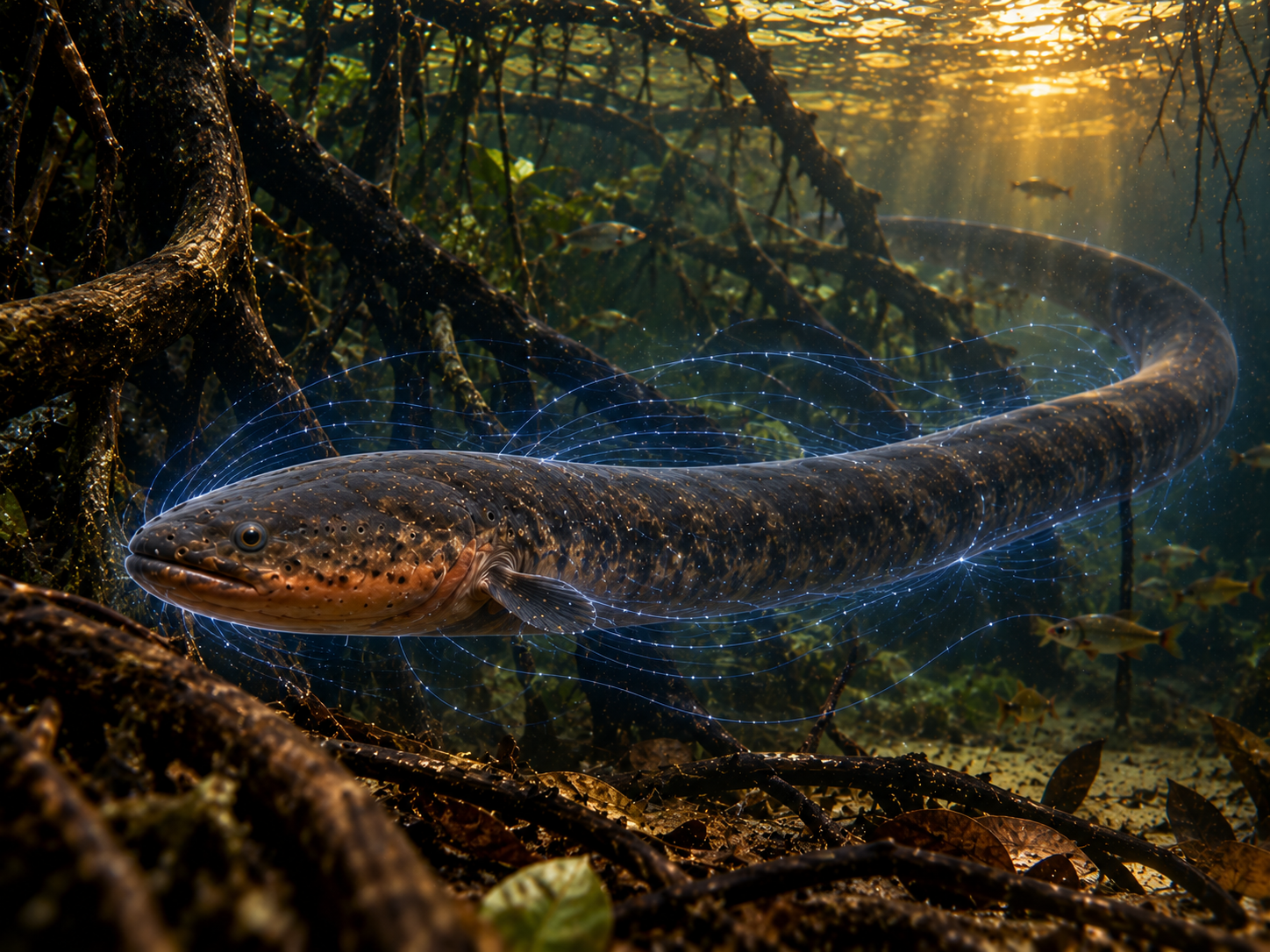 An electric eel uses controlled electrical fields while moving through the dark freshwater of the Amazon.