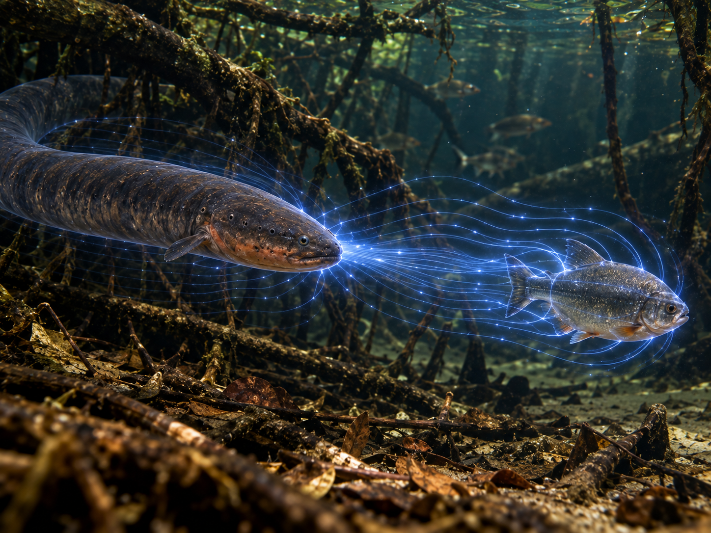 An electric eel sends an electrical discharge through the surrounding water toward nearby prey.