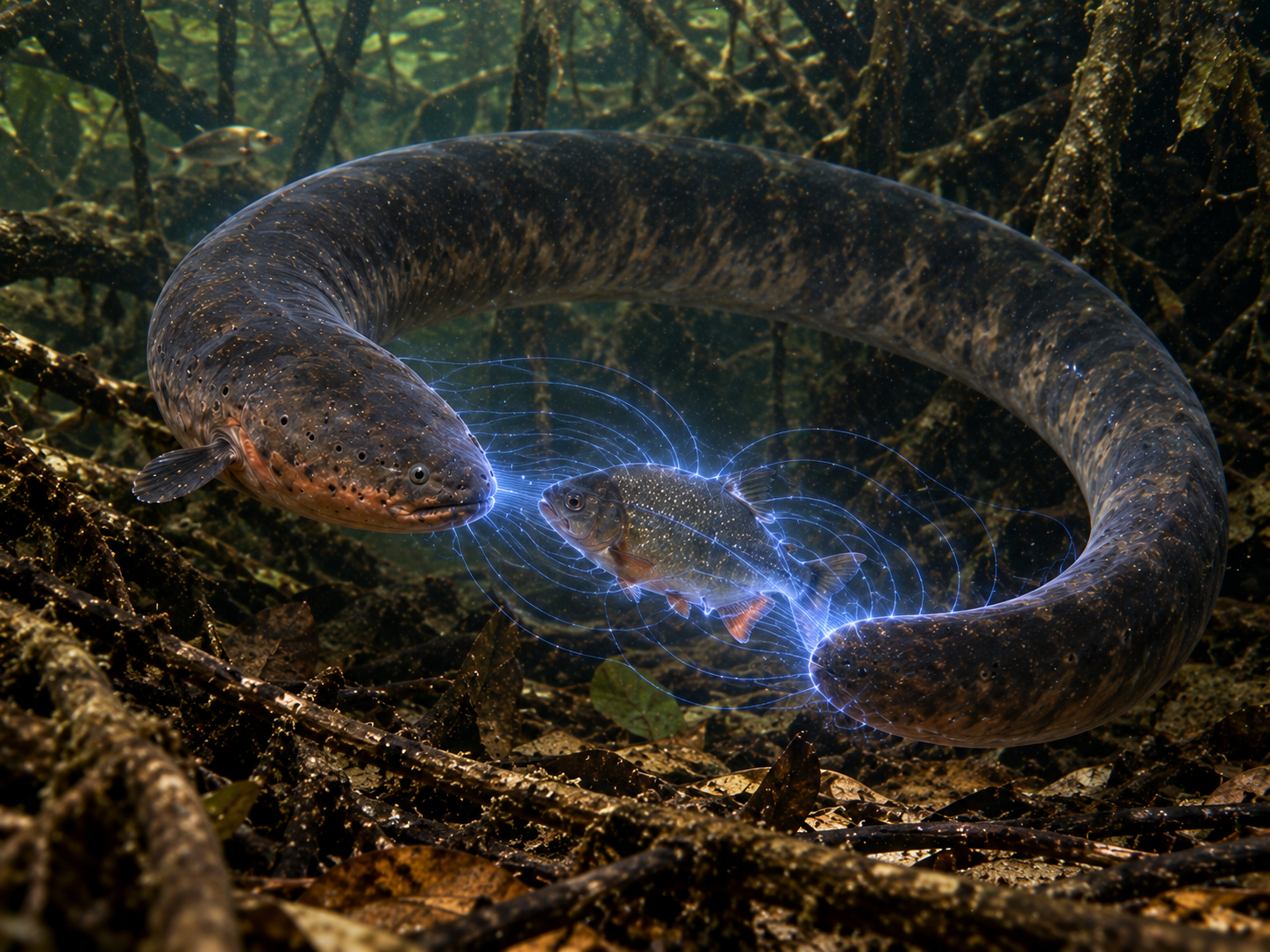 An electric eel curls around prey to concentrate its electrical field through the target.