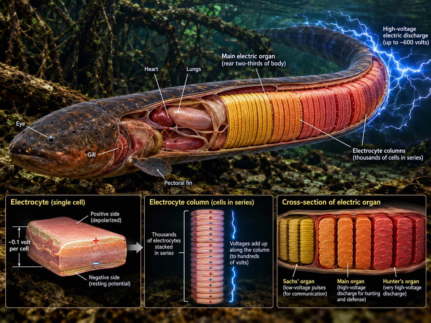Thousands of electrocytes inside an electric eel work together like tiny batteries to create a high voltage.