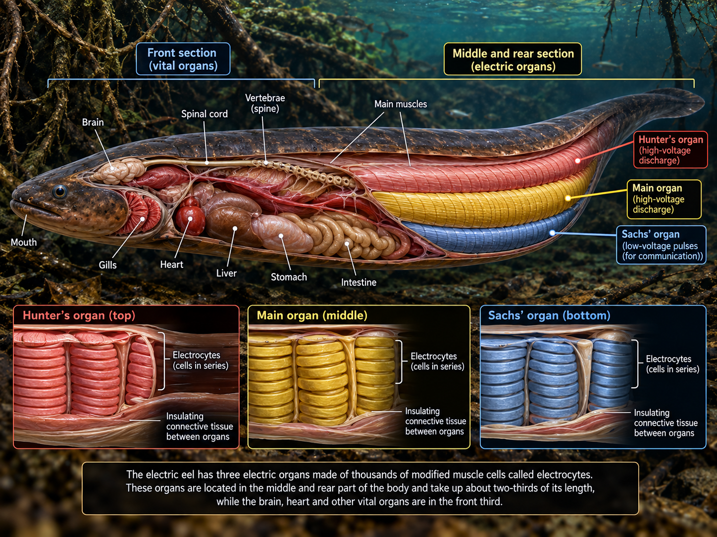 The electric eel’s electric organs occupy much of its rear body while vital organs are concentrated toward the front.