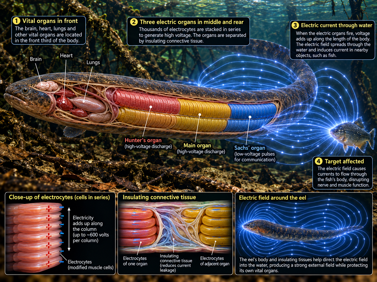 Electrical field from an electric eel travels through surrounding water while insulating tissues reduce unwanted current inside its body.