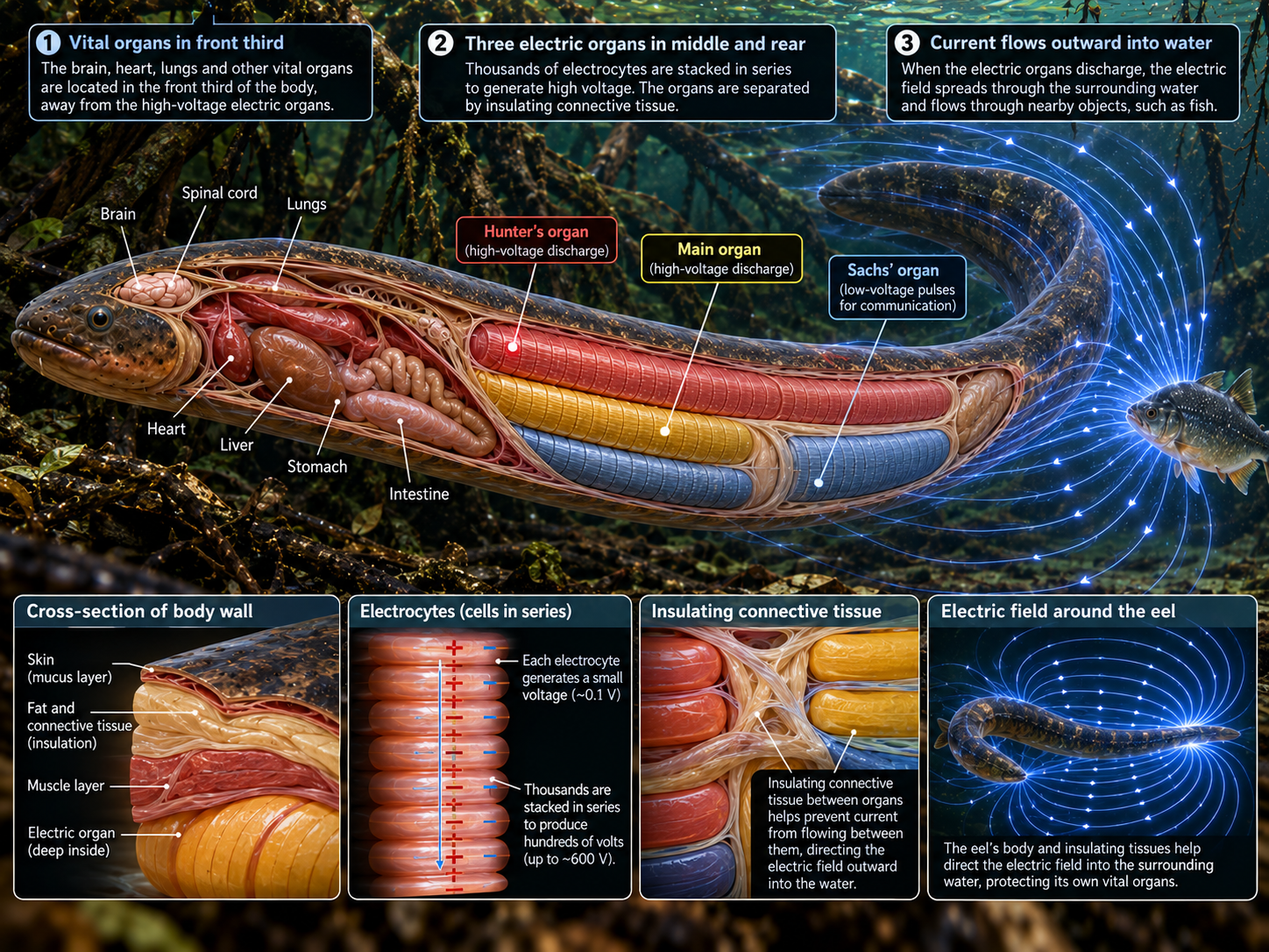 Electric eel anatomy helps control electrical current and reduce dangerous flow through vital organs.