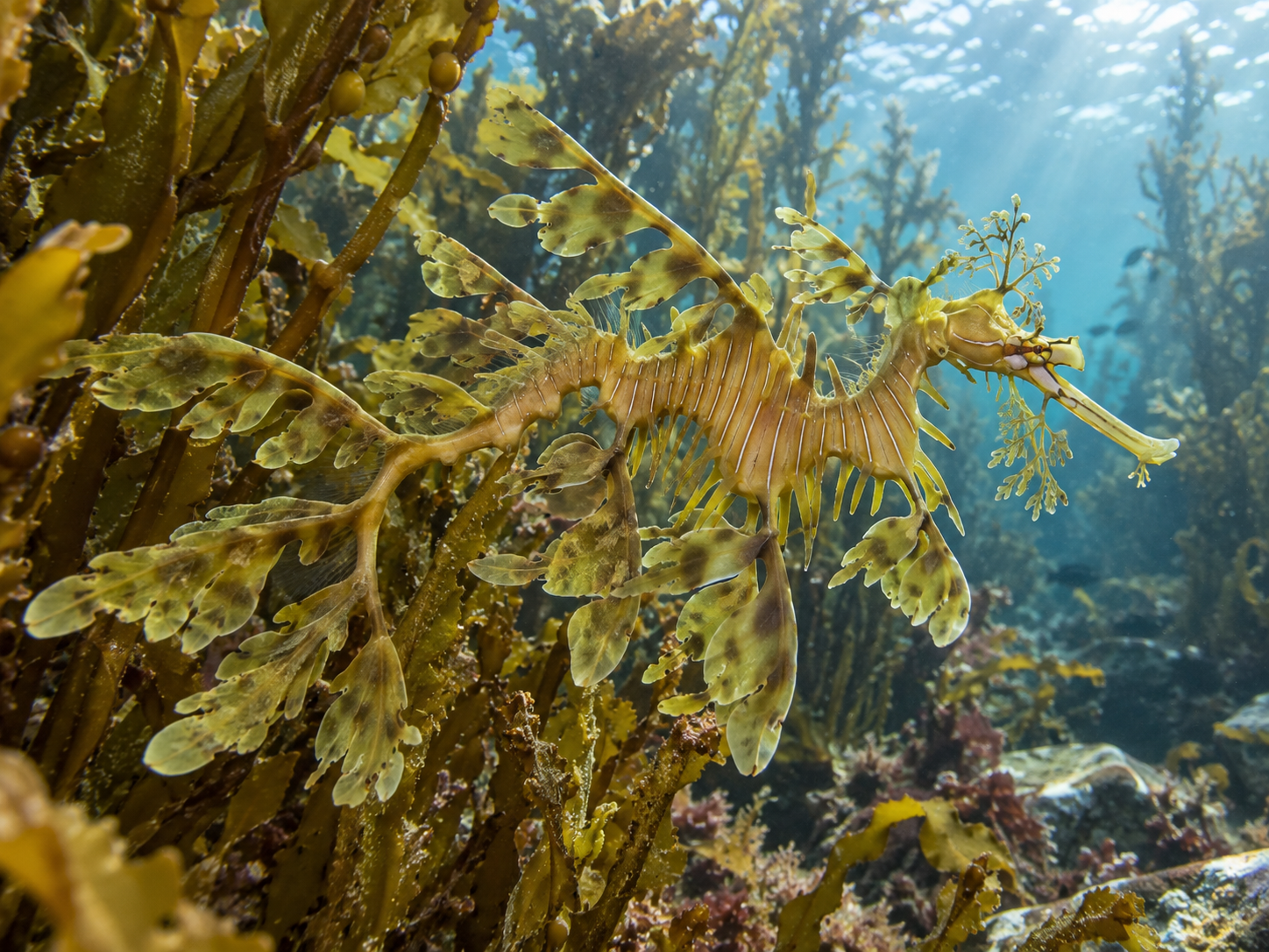 Leafy seadragon blending into kelp and seaweed in the coastal waters of southern Australia.
