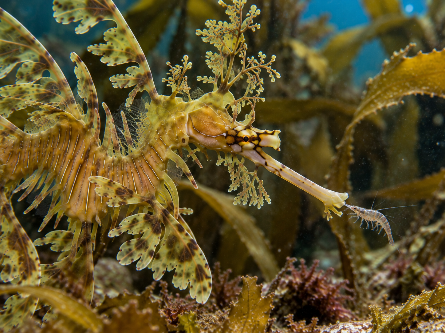 Leafy seadragon using its long snout to suction-feed on a tiny crustacean.
