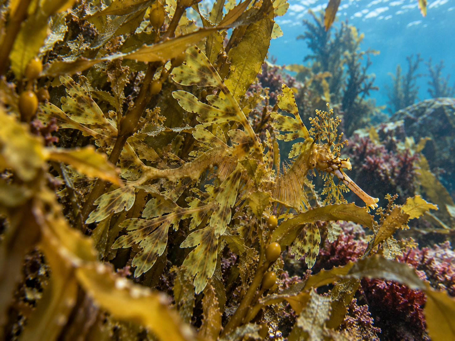 Leafy seadragon using its shape and slow movement to blend with swaying kelp.
