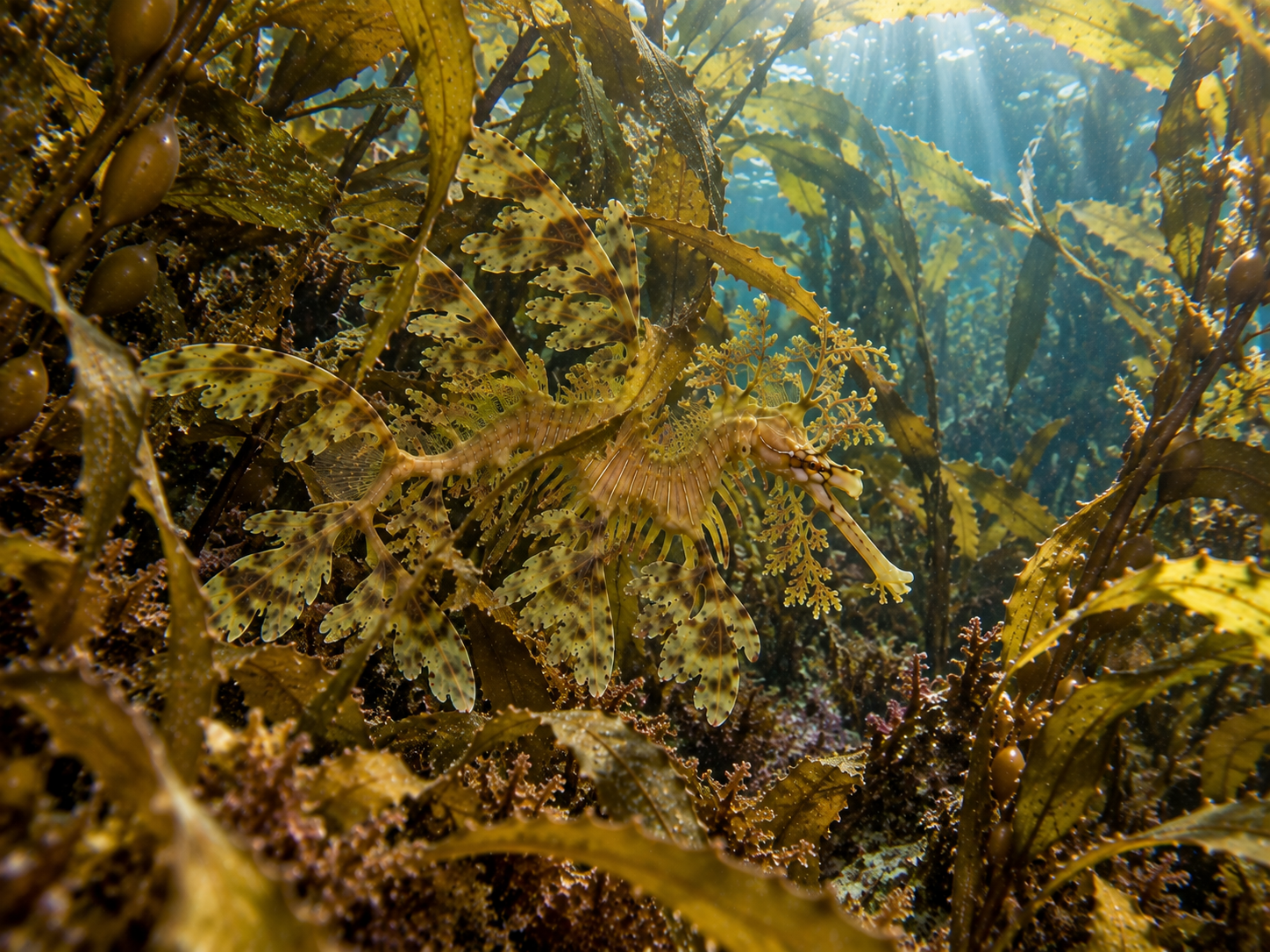 Leafy seadragon almost disappearing among kelp in its natural habitat.