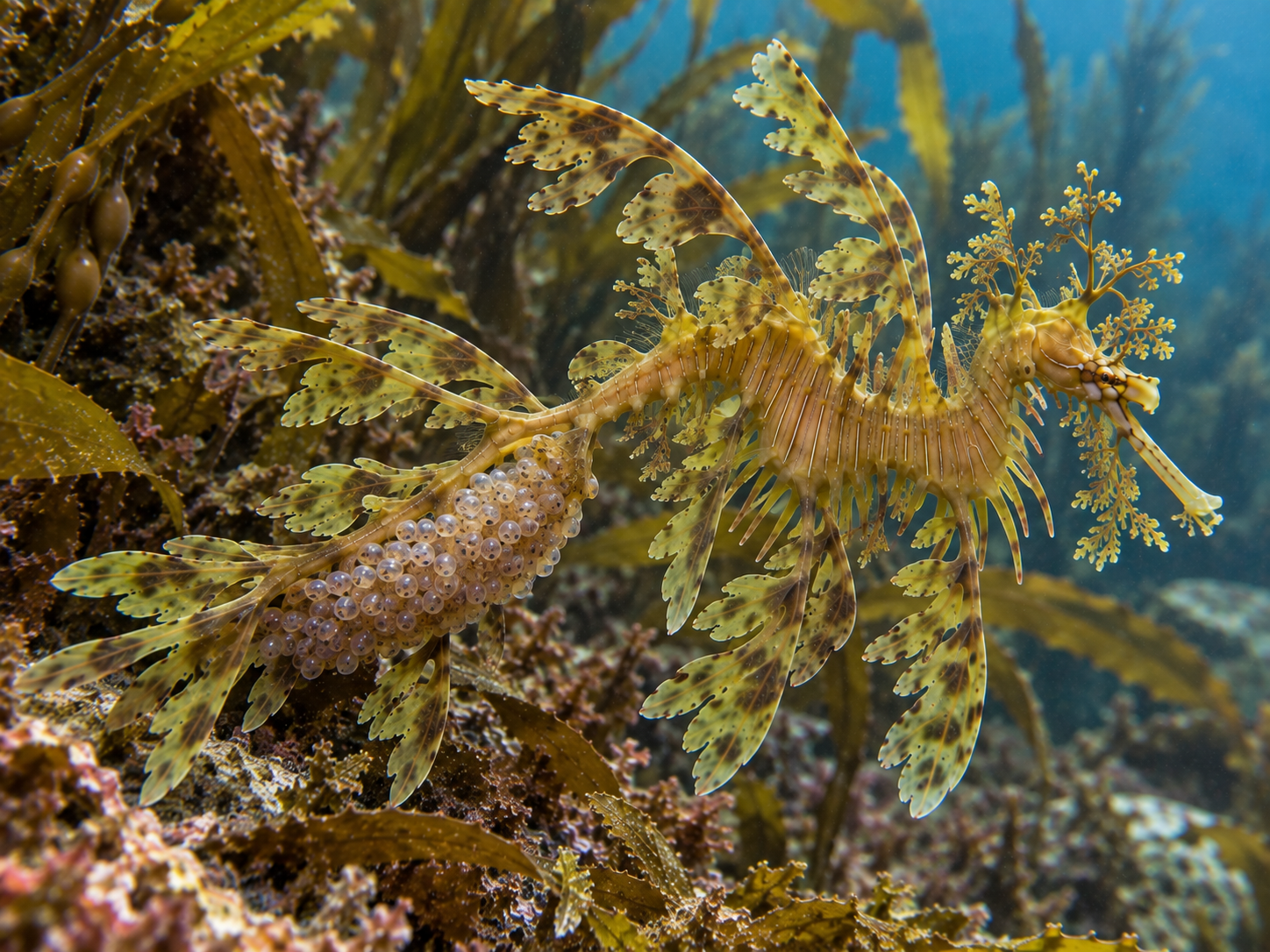 Male leafy seadragon carrying developing eggs beneath its tail.