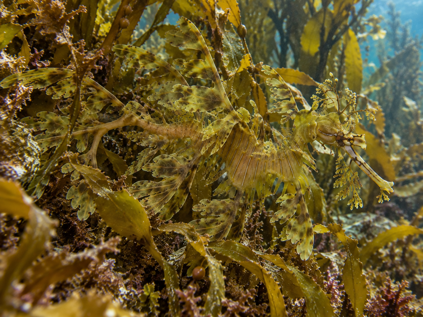 Leafy seadragon blending into kelp with its leaf-like appendages.